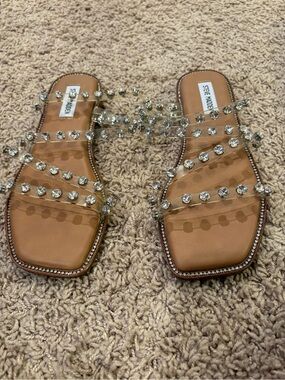 Steve Madden Tan Footbed Clear Crystal-Strap Flat Sandals